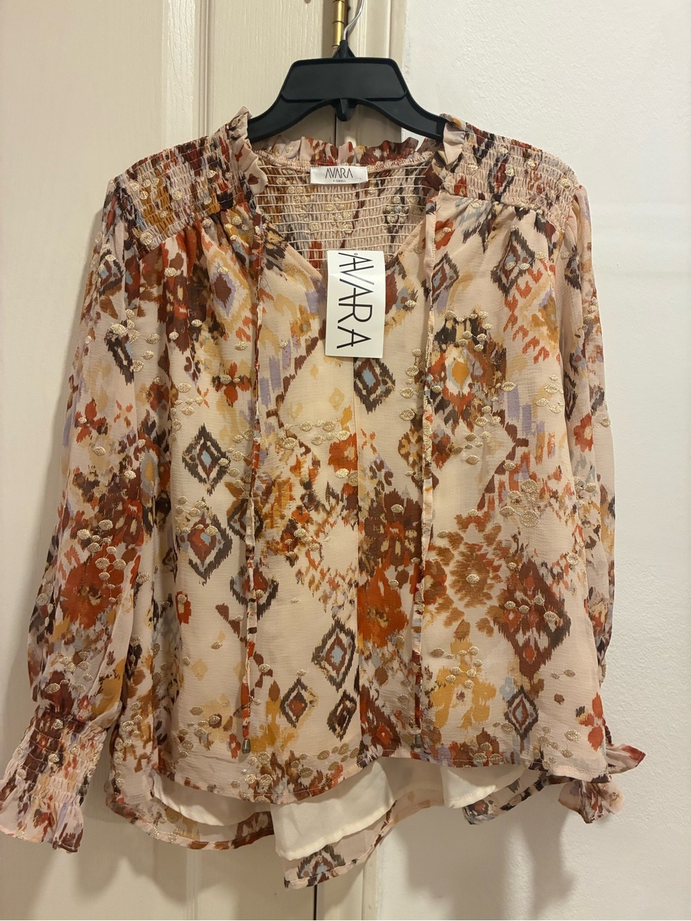 Avara Boho Beige Multi-Color Peasant Blouse x-small New